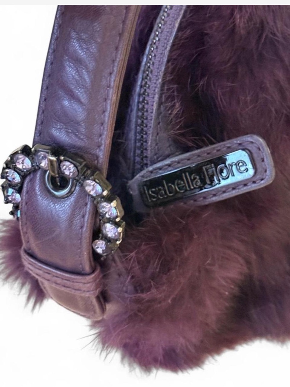 Isabella Fiore Plum Faux Fur Shoulder Bag with Crystal Buckle